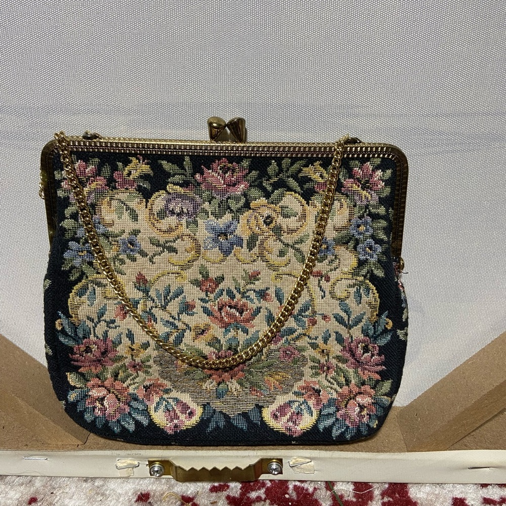 Vintage Tapestry Mini-Purse With Kiss-Lock and Dainty Chain Handle